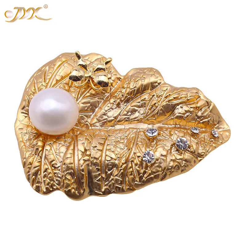 

JYX New Golden Color Leaf 11mm natural freshwater pearls pins shinning zircon elegant gift