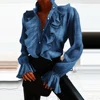 Denim Shirt Women Simple Casual V-neck Ruffles Long Sleeve Loose Blouses 2020 Autumn Solid Female Tops 2