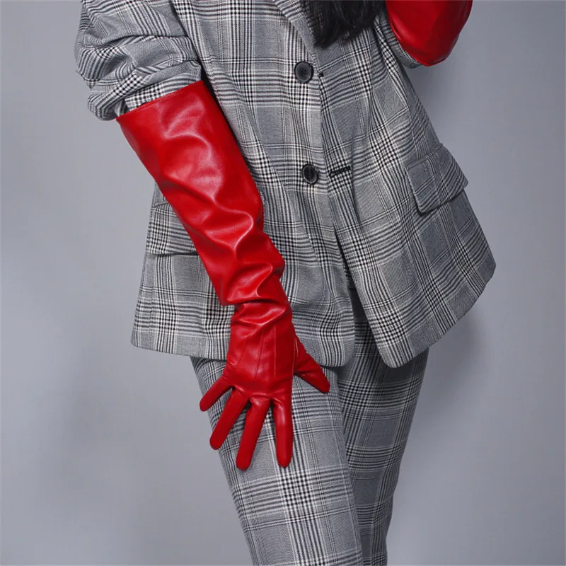 Ultra Short Leather Gloves 13cm Emulation Leather Imitation Sheepskin PU Unlined Female Christmas Red Women Gloves WPU126 - Цвет: 50cm wide cuff Red