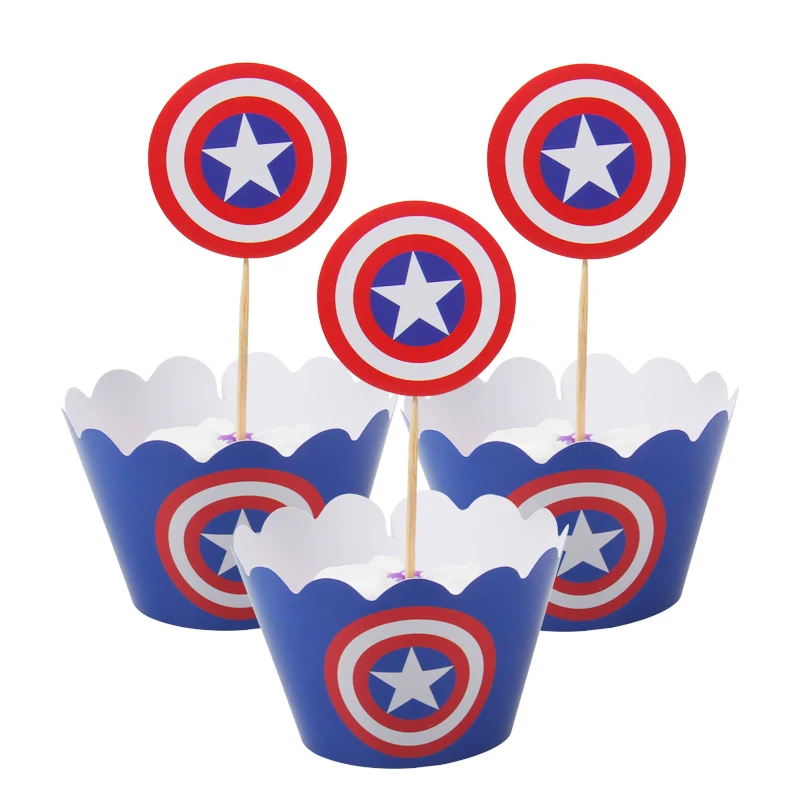 12Set Superhero Avengers Captain America Cupcake Wrappers Cake Toppers Spiderman Batman Kids boy Birthday Party cake Decor