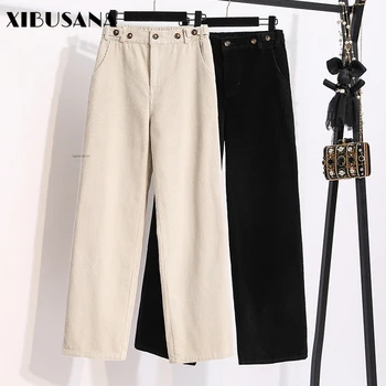 

XIBUSANA 2020 Autumn New Women Pants Korean Style Loose Corduroy Wide Leg Trousers Lady Casual High Waist Elastic Straight Pants