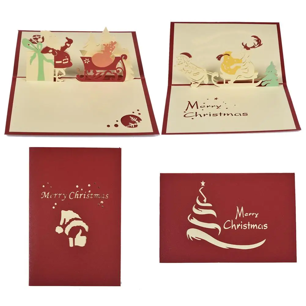 Christmas Greeting Card 3D Pop Up Hollowed Cards Santa Claus With Envelopes For Birthday Party New Year |