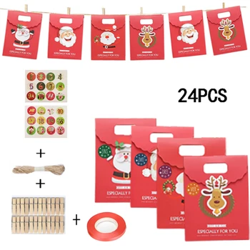 

24PCS/Lot Christmas Santa/Snowman/Deer Kraft Candy Gift Bags Cookie Bags Merry Christmas Guests Packaging Boxes Party Decoration