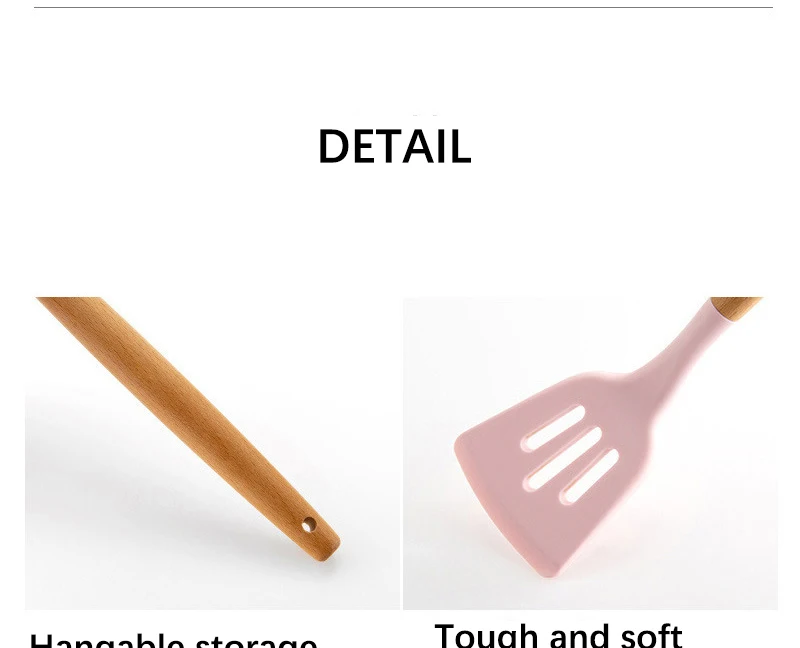 Pink Cooking Kitchenware Tool Silicone Utensils With Wooden Multifunction Handle Non-Stick Spatula Ladle Egg Beaters Shovel