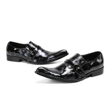 

Leather New Men Shoes Black Pointed Toe Dress Wedding Party Buckle Slip-on
