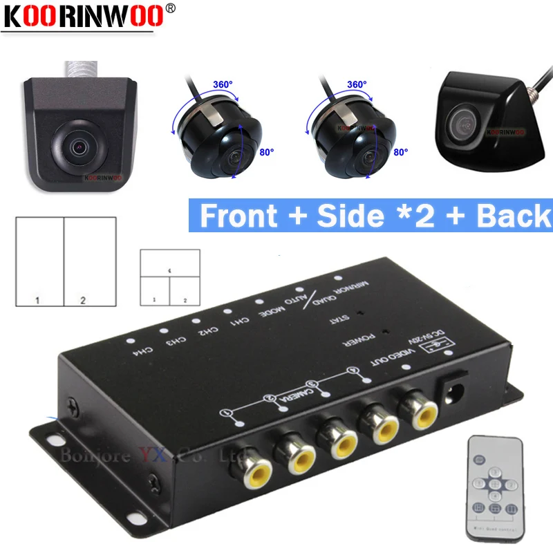 

Koorinwoo 360 Round Remote control Split Parking For 4 Cameras Switch Combiner Channel Box CCD Left Right Front Rear view Camera