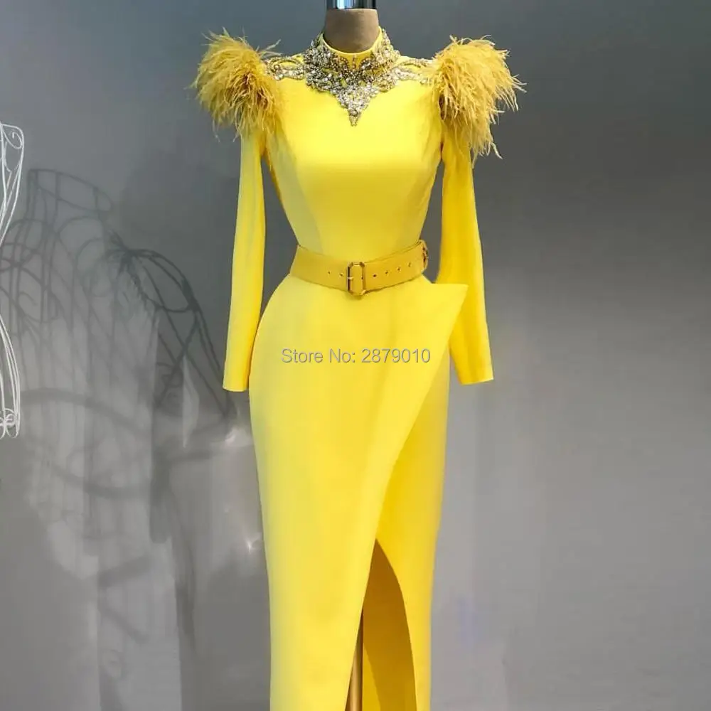 

2019 Designer High Neck Evening Dress Yellow Sheath Spandex Full-Length Sash Sequined Rhinestone Floor-Length Vestido de festa