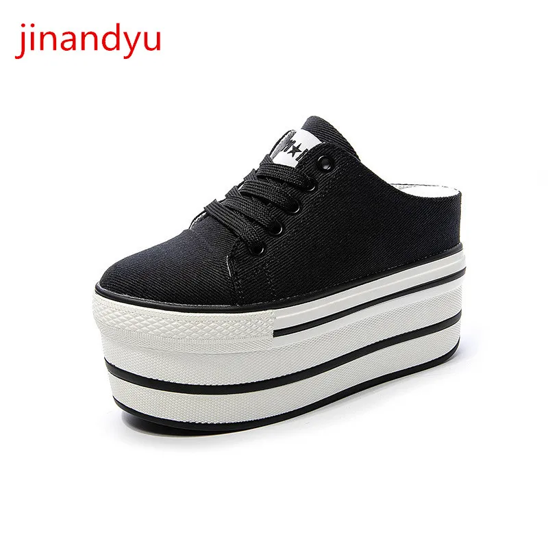 

Canvas Ladies Shoes Hidden Heel Platforms Wedges Shoes for Women Heels Fashion Slip-On White Black Women Shoes Casual High Heels