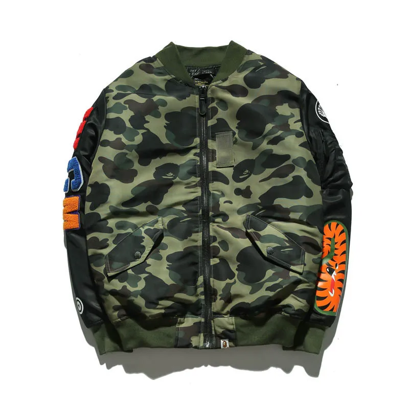 

2018 Winter Camo Shark Head Embroidered Baseball Suit Thickened Warm Jacket HIp Hop Japanese Streetwear