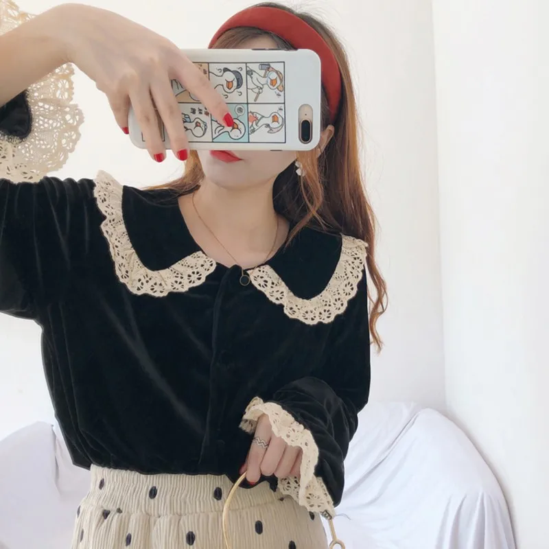 

Sweet Tops Preppy Style Long Sleeve Temperament Button Peter Pan Collar Shirt Blouse Summer Top