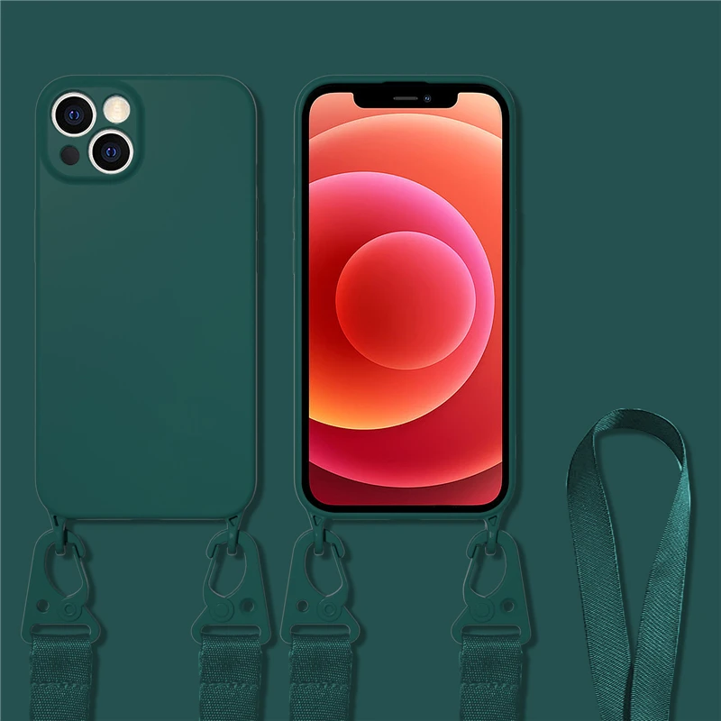 thumbnail image 1 of Crossbody Lanyard Cord Rope Strap Necklace Case For iPhone 11 12 13 14 15 Pro Max Mini XS X XR 7 8 Plus SE Liquid Silicone Cover, 1 of 5