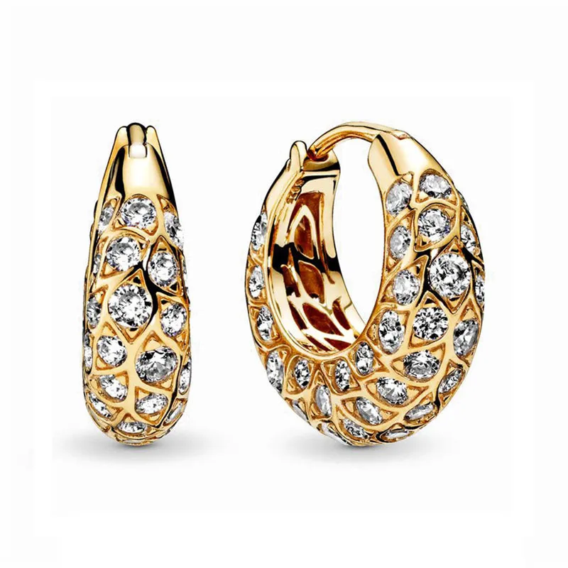 

2019 Autumn New Pans Shine Sparkling Pattern Hoop Earrings Silver 925 Original for Women Wedding Fine Jewelry Birthday Gift