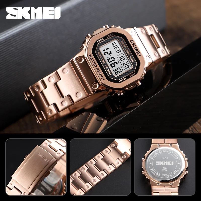 Online SKMEI Retro Fashion Digital Watch Women 30M Waterproof Multi Function Watch Stainless Steel Strap reloj digital mujer 1433 ClocK