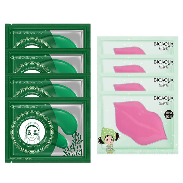 Eye Mask Combination 4pcs Moisturing Nourishing Lips Mask 4Pairs Collagen Anti-Aging Wrinkle Dark Circles Eye Patch Skincare