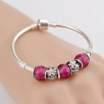 

NEW Genuine 925 Sterling Silver Bracelet For Set Women Red flirtatious flower Lei birthday Gift charm Bead Jewelry DIY bangle