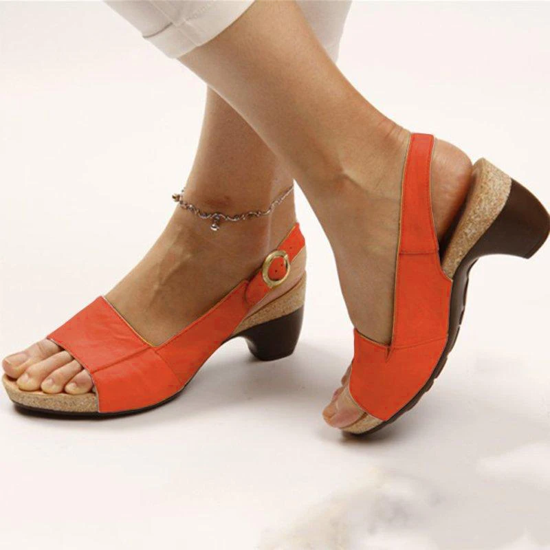 Летние женские босоножки с широко открытым носком; Женская обувь в стиле ретро на среднем каблуке с открытым носком; женская обувь с ремешком и пряжкой; повседневная мягкая обувь на плоской подошве - Цвет: Красный