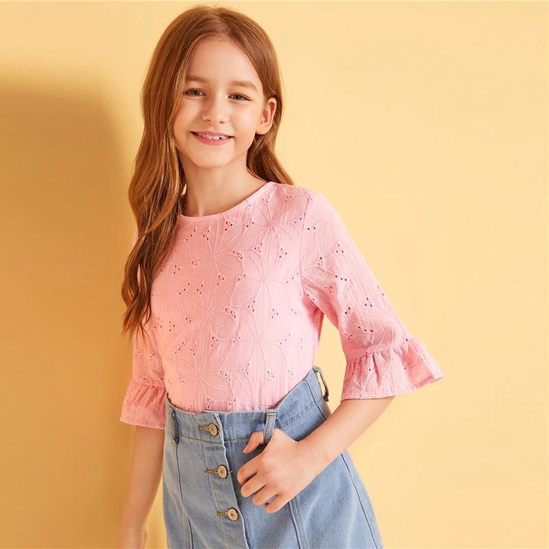 SHEIN Kiddie Ginger/однотонная кружевная блузка с рюшами и проймой для подростков г., летняя детская блузка с рукавами-бабочками на пуговицах, рубашка