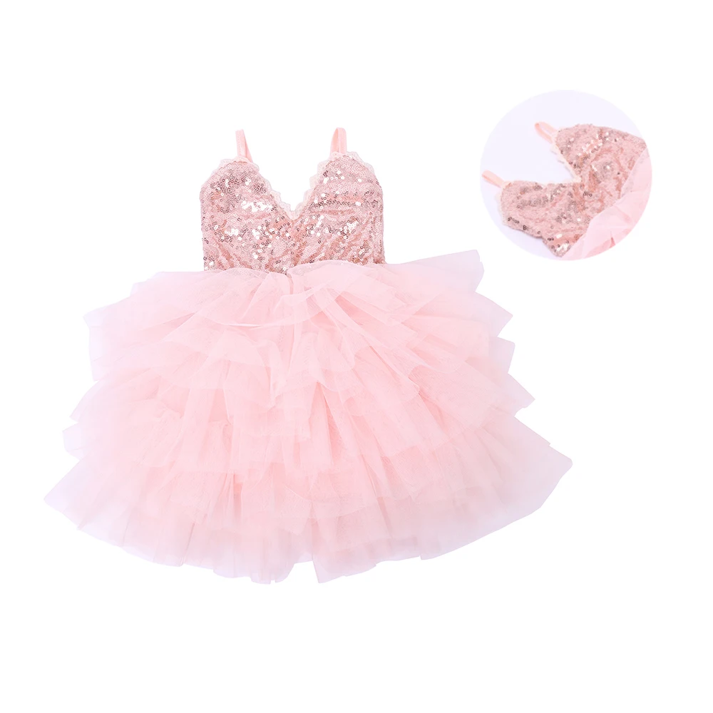 Princess Sequin Lace Straps Dress Baby Girls Sparkle Layered Tulle Halter Kids Party Birthday Sling for Toddler | Детская одежда и