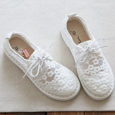 Retro literary mesh breathable lace fisherman women's shoes flat casual sandals Sen fashion white shoes