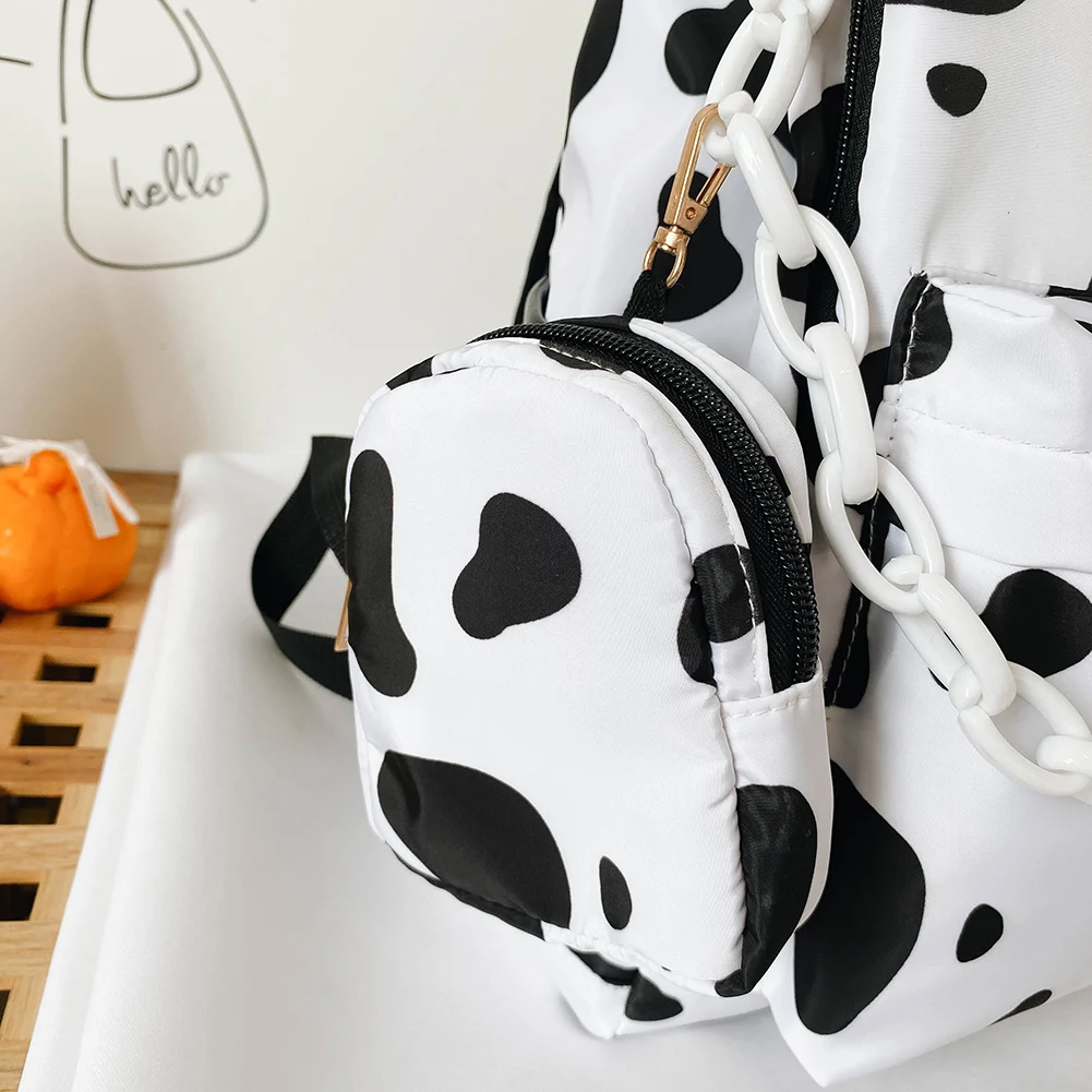 Nylon Backpack Students Girls Cow Letter Print Casual Shoulder School Book Bags Women Daily Travel Bagpack Rucksack w/ Small Pou