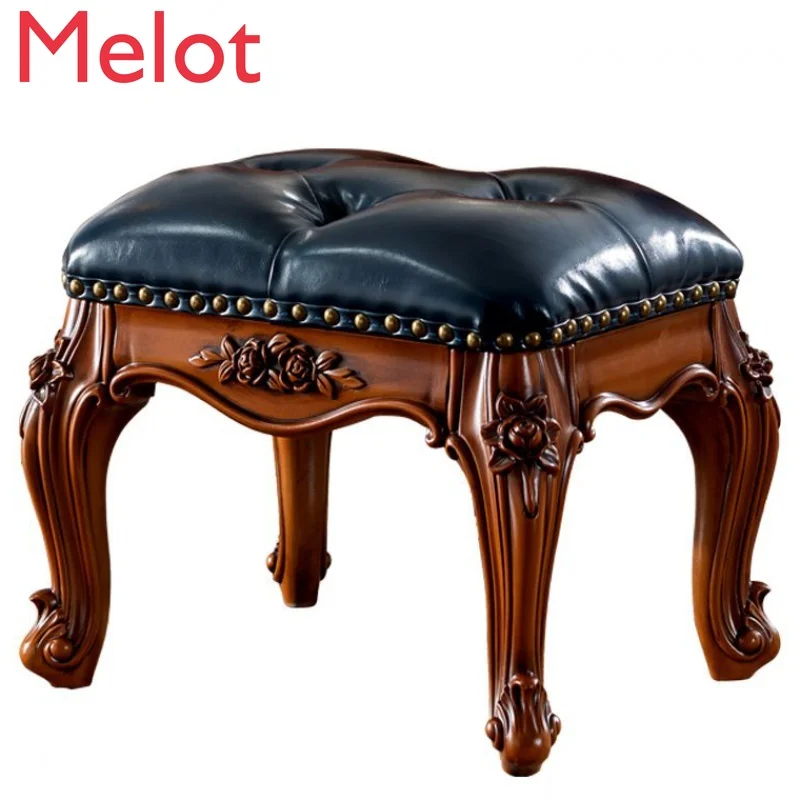 

American Stool Solid Wood Sofa Chair Living Room Square Stool European Art Carved Leather Stool Coffee Table Stool Shoe Bench
