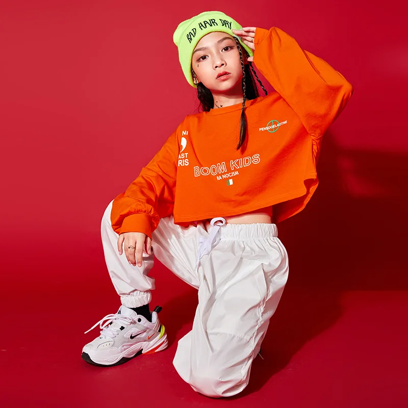 Kid Kpop Hip Hop Clothing Crop Top Long Sleeve T Shirt White Streetwear Jogger Pants for Girl Jazz Dance Costume Clothes