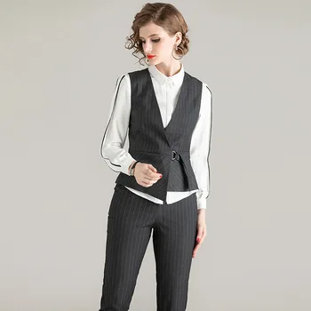 

Pant Suits Office Ladies 2020 Spring Autumn Turndown collar Long sleeve Shirt + Striped Vest + Stripe Ankle-Length Pant 3PCS Set