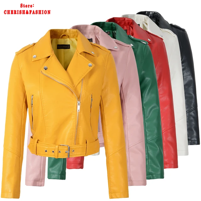 US $23.42 New Arrival brand Winter Autumn Green Motorcycle leather jackets yellow leather jacket women leathe