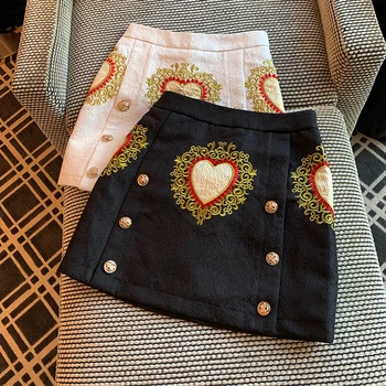 

Spring 2020 New High Waist Jacquard Embroidery Love Double-breasted Skirt Women Fashion A Line Short Skirts