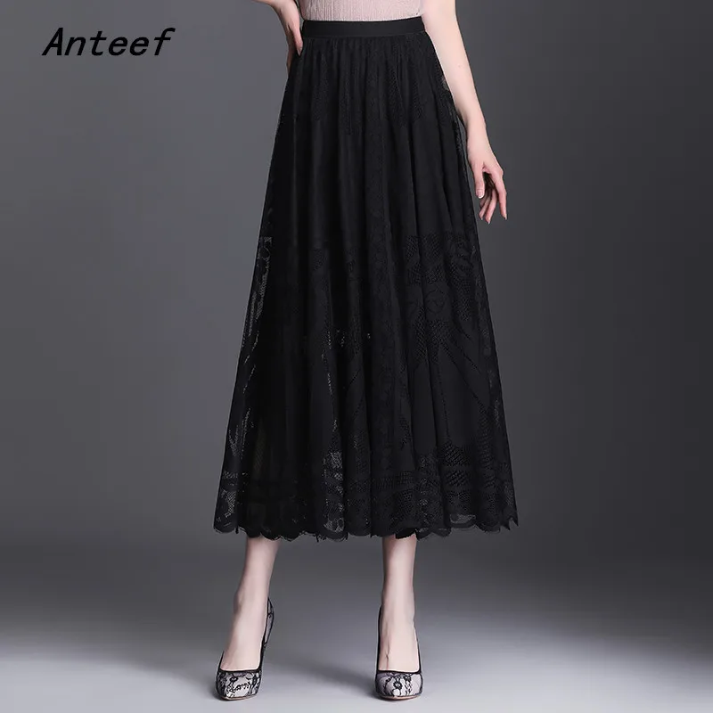 

black lace vintage floral high waist pleated autumn summer casual loose long for woman skirts womens 2021 skirt clothes