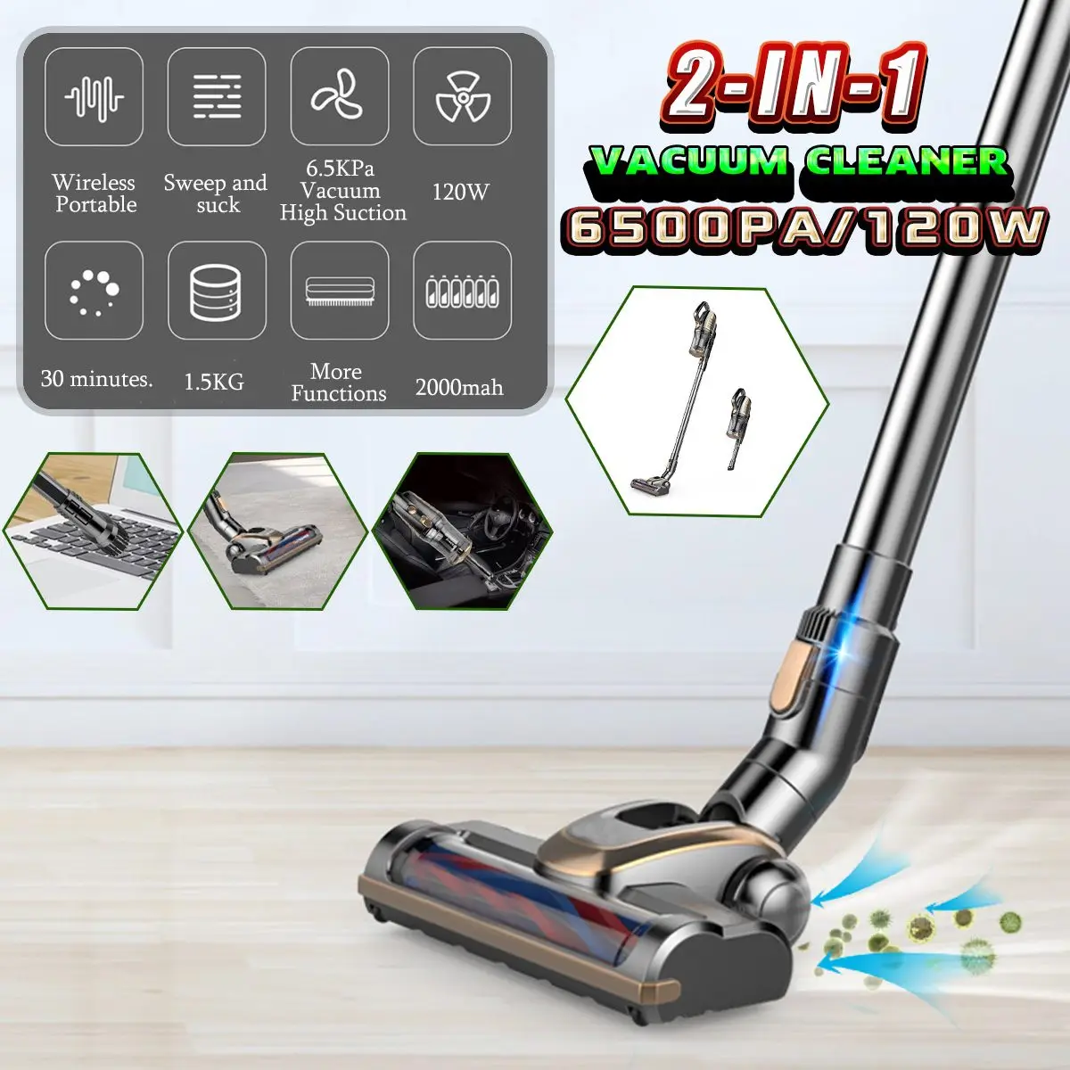 

2 in 1 120W 7500PA Strong Power Cordless Handheld Stick Vacuum Cleaner Floor Clean Suction Bagless Low Noise For Home Cleaning