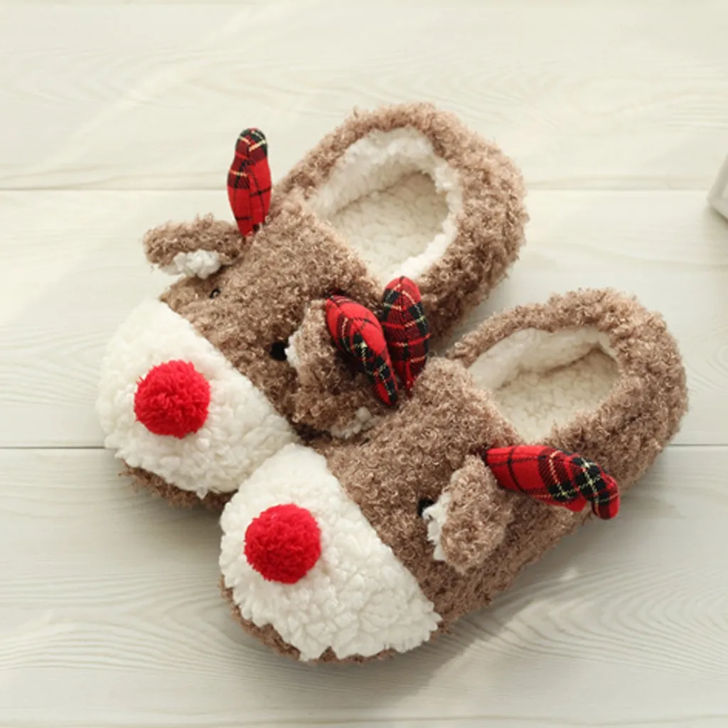 Теплые зимние домашние тапочки в рождественском стиле; домашние тапочки с милыми животными; Мягкие плюшевые домашние тапочки с помпонами; женская хлопковая обувь размера плюс