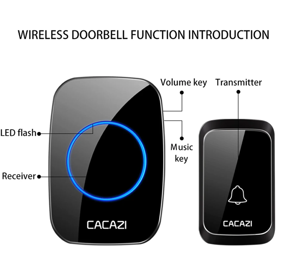 Водонепроницаемый беспроводной дверной звонок CACAZI, работающий от аккумулятора постоянного тока, 300 м, дистанционный 3 кнопки x 1 приемник, умный дом, беспроводной дверной звонок, звонок