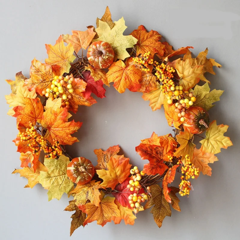 Hot Thanksgiving Christmas Rattan Wreath Garland Artificial Maple Leaves Pumpkins And Berries Front Door Holiday Decor