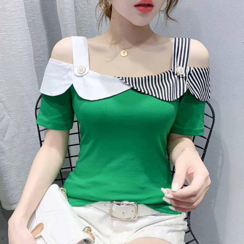 #5929 Summer Off Shoulder T-Shirts For Women Spliced Color Slash Neck Sexy T-shirt Femme Short Sleeved Basic T Shirt Woman Short