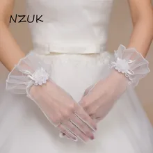 Свадебные Короткие рукавицы для новобрачных, женские белые, полный палец, прозрачные ленты, Декор, длина запястья, костюм для выпускного вечера, вечерние, однотонные, ST01