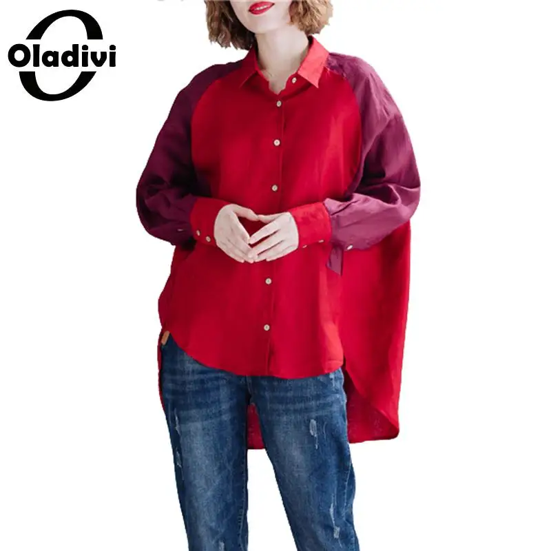 Oladivi/большие размеры; женская блузка; рубашки; сезон осень; длинный рукав; Офисная женская одежда больших размеров; свободные хлопковые Лоскутные Блузы; топы - Цвет: Красный