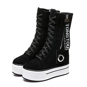 

European Leather Boots Female 2019 Autumn and Winter New Fashion Plus Velvet Martin Boots Increased Womens Shoes