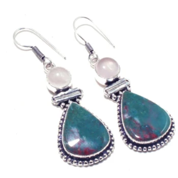 

Genuine Blood Stone + Rose Quartz Earring Silver Overlay over Copper ,Hand made Women Jewelry Gift, E5219