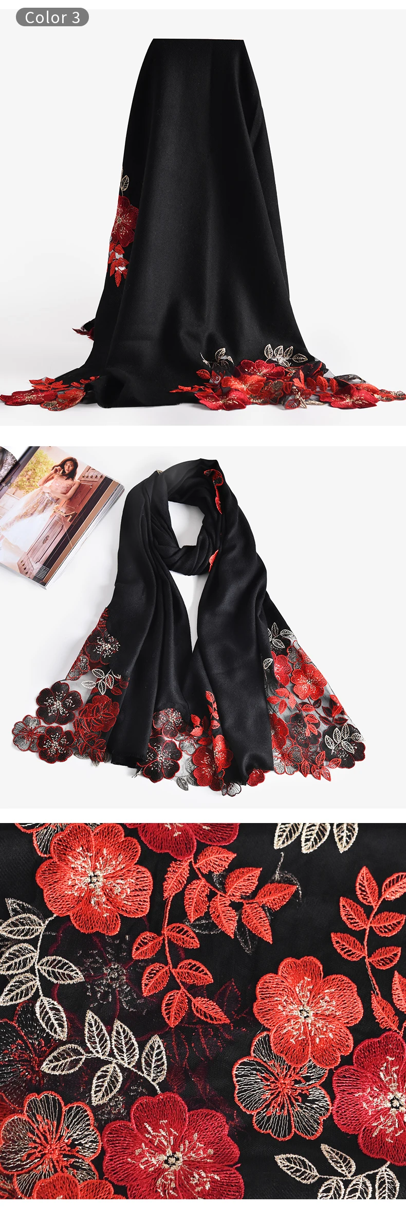 Women Wool Embroidery Scarves for Wedding Brand Shawls and Wraps Ladies Bride Bridesmaid Pashmina Winter Wool Scarfs