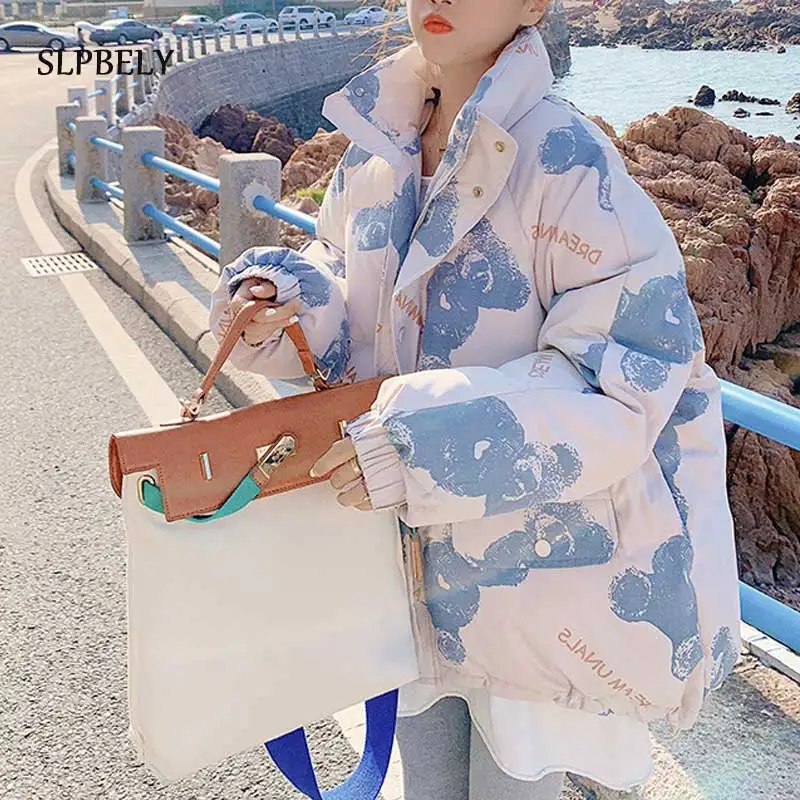 

SLPBELY Short Cartoon Bear Coat Women Korean Thick Warm Coat Female Parka Femme High Street Women's White Down Jacket