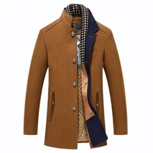 Мужское шерстяное пальто, зимняя кашемировая куртка со съемным шарфом, пальто для мужчин, Повседневная ветровка, длинный приталенный Тренч, толстое шерстяное пальто