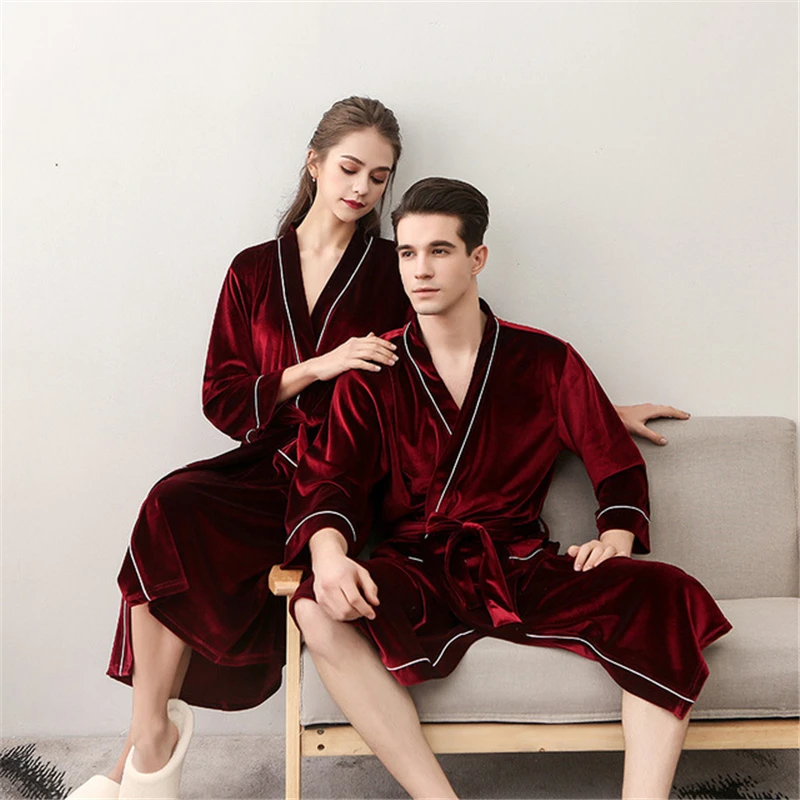 

Pajamas sexy Nightgown women long gold velvet cardigan couple bathrobe robe de chambre femme V-neck Korean bridal robes