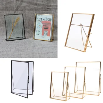 Simple Antique Gold Rectangle Glass Photo Frame Folding Desktop Picture Brass Frames for Portraits and Landscape Home Decoration 1