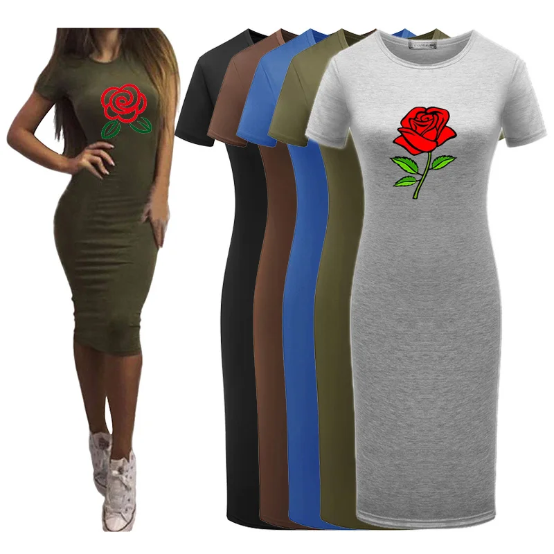

Summer Women Dress Sexy Short Sleeve O-Neck Club Party Tshirt Dress Ladies Rose Flower Robe Skinny Elegant Dresses Vestidos