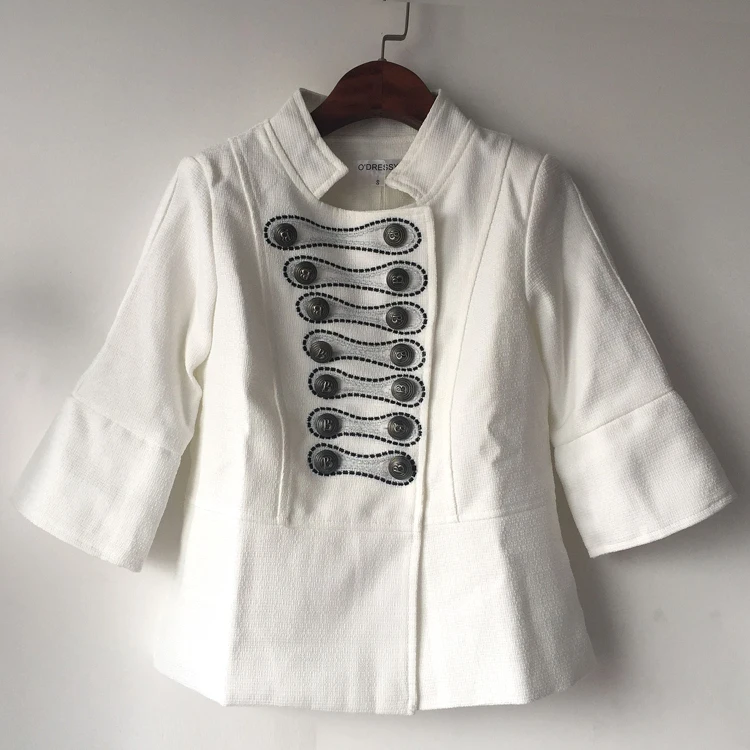 Europe and the United States autumn new double breasted stand collar handsome short jacket thick flower cropped sleeves jacket - Цвет: Белый