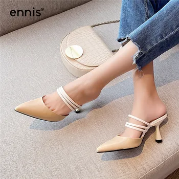 

ENNIS Genuine Leather Mules Shoes Women Closed Toe Sandals High Heel Pumps Pointed Slippers Roman Style Summer Shoes Beige P0039