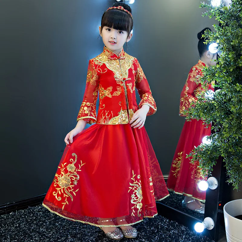 

Long Sleeve Girls Evening Dress Princess Dress Cheongsam Children Retro Little Girl Chinese-style Flower Boys/Flower Girls Costu