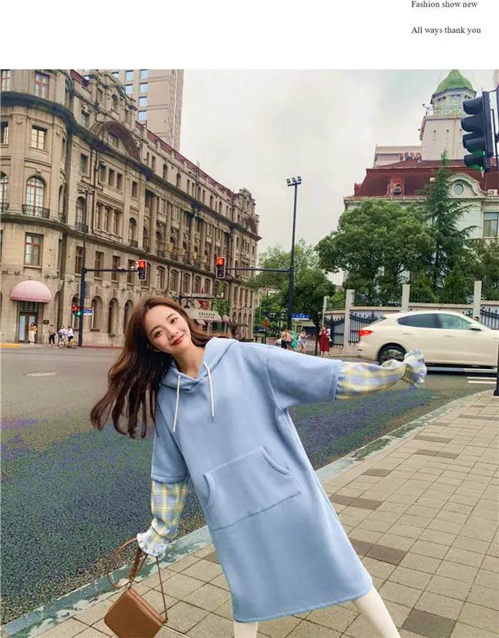 Клетчатая толстовка с рюшами, платье для женщин, новинка года, Осень-зима, повседневные, тонкие, свободные, милые, длинные толстовки для девочек, Vestido f2082