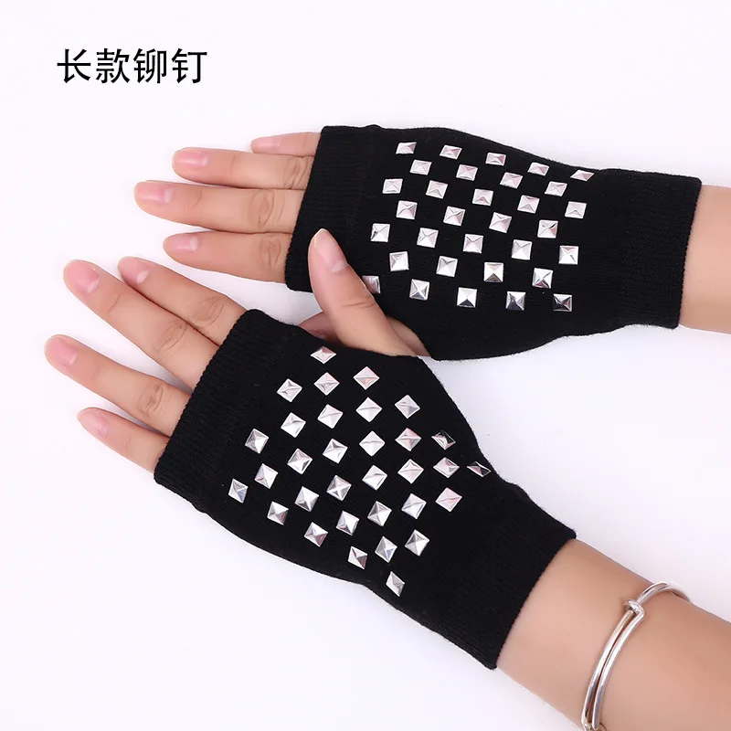 Sailor dance gloves Rivet wool gloves spring and autumn black half-finger gloves show gloves